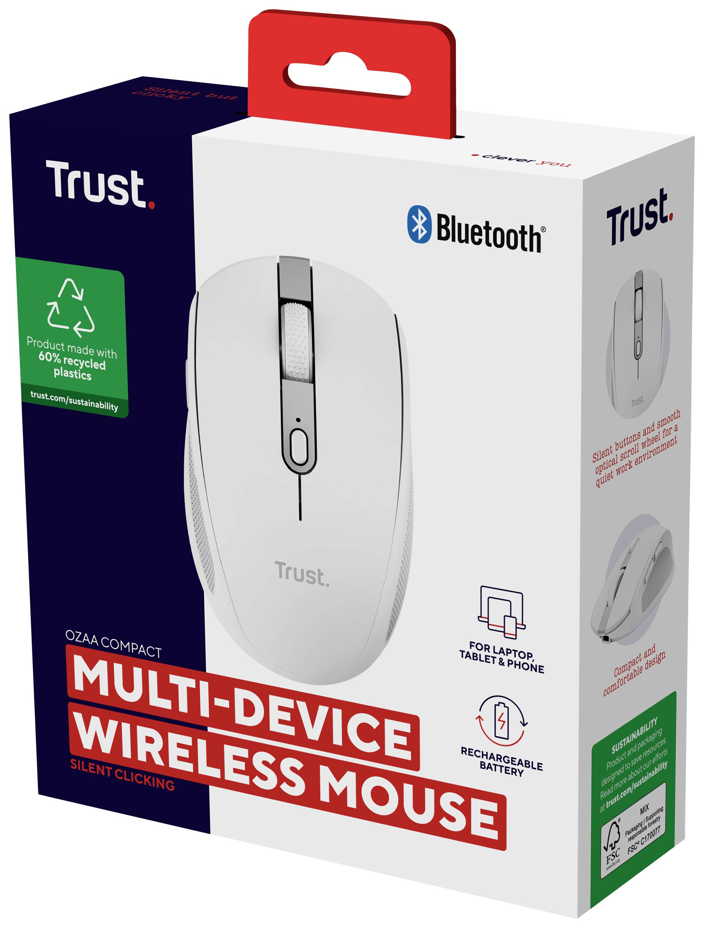 Souris sans fil Trust : 'Multi-Device Wireless Mouse', compacte, silencieuse, pour ordinateur portable/tablette/téléphone, rechargeable, Bluetooth. Emballage en plastique 100% recyclé.