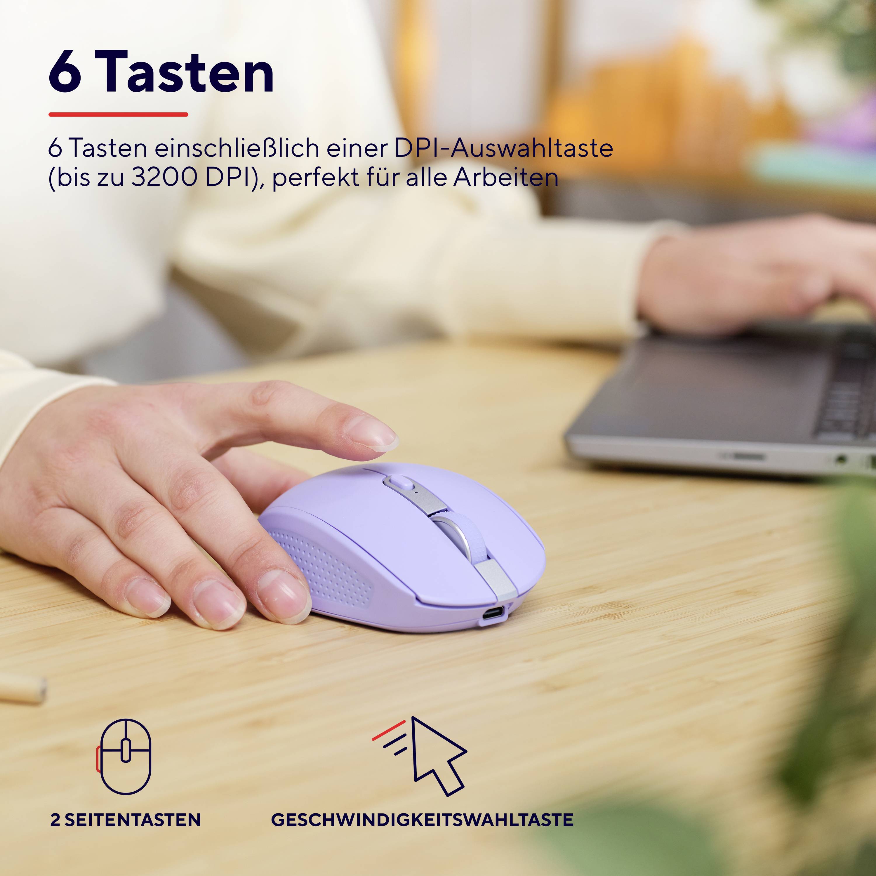 6 touches (y compris une touche de sélection DPI jusqu'à 3200 DPI), parfaite pour tous les travaux. Une main à côté d'une souris violette.