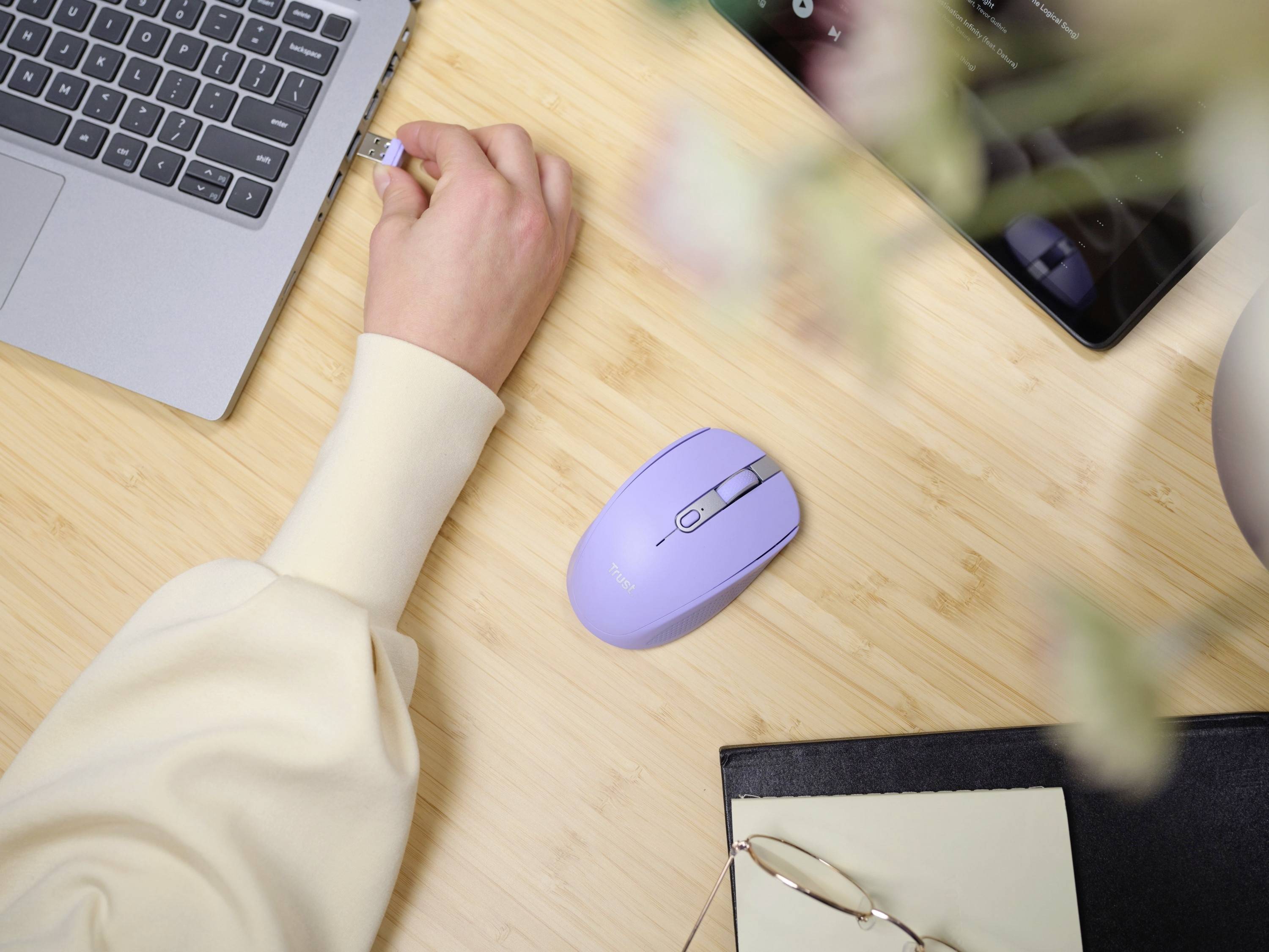 Une personne branche un câble sur un ordinateur portable posé sur un bureau, à côté d'une souris violette et d'un carnet avec des lunettes.