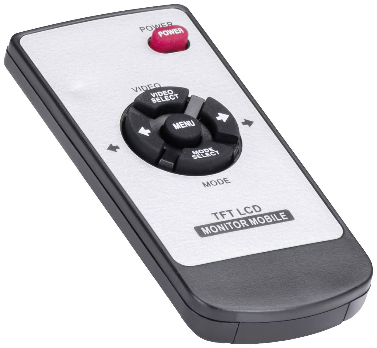 Télécommande pour moniteur LCD TFT mobile avec touche 'Power' rouge, bouton de menu central et touches directionnelles.