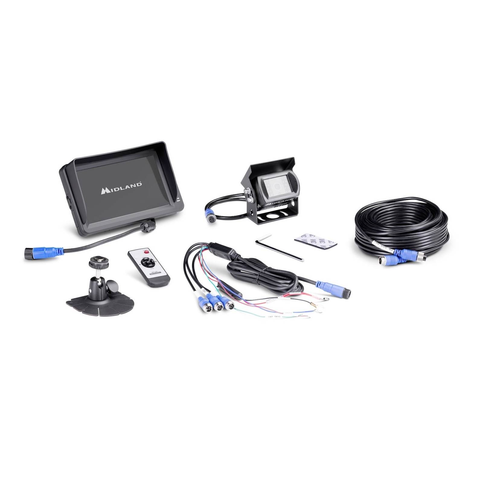 Système de caméra avec moniteur, caméra, câble et télécommande. Adapté pour des fins de sécurité ou de surveillance.