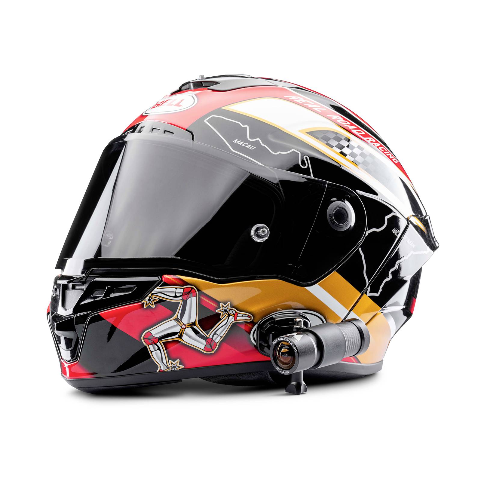 Un casque de moto noir avec un design visuel et des accents rouges, jaunes et blancs. Il porte un emblème avec un motif de jambe.