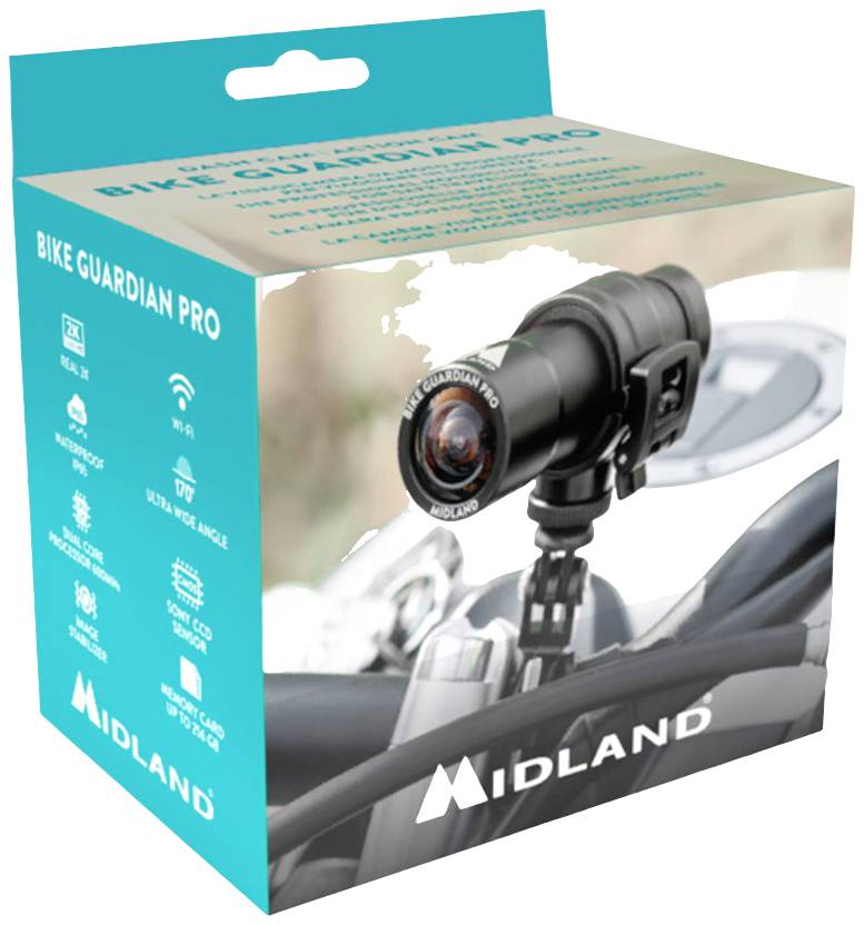 Emballage de la caméra 'Bike Guardian Pro' de Midland, montée sur un guidon de vélo, représentée sur un carton bleu-vert.