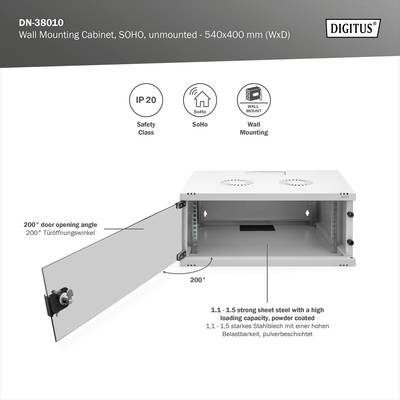 Armoire murale, blanche, avec ouverture de porte à 180 degrés. Adaptée pour une utilisation dans les petits bureaux. Capacité de charge jusqu'à 1,5 tonnes.