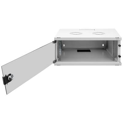 Armoire réseau blanche en métal, avec porte vitrée ouverte ; deux orifices de ventilation en haut, espace intérieur prévu pour les composants techniques modulaires.