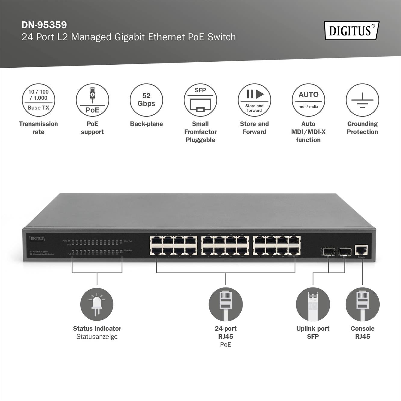 'Commutateur Ethernet-PoE DN-95359 : 24 Ports, 52 Gbps, SFP, Support PoE, Auto-négociation, Indicateur de statut, Protection contre les surtensions.'