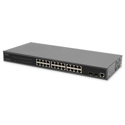 Un commutateur réseau à 24 ports avec deux interfaces à fibre optique supplémentaires sur le devant. Adapté pour l'infrastructure informatique.