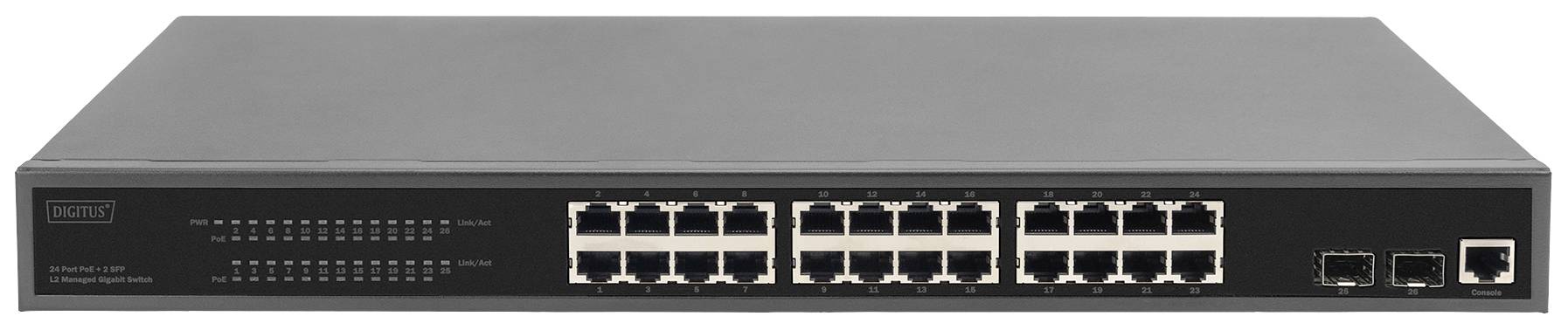Un commutateur réseau noir avec 24 ports Ethernet et deux connexions à fibre optique à l'avant. Adapté pour connecter plusieurs appareils.