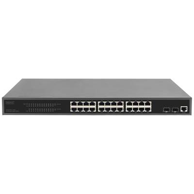 Un commutateur réseau noir avec 24 ports Ethernet et deux connexions à fibre optique à l'avant. Adapté pour connecter plusieurs appareils.
