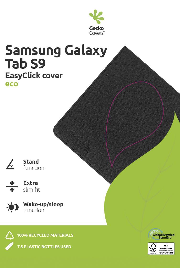 Housse Samsung Galaxy Tab S9 'EasyClick cover eco' de Gecko Covers, avec fonction support, ultra-fine, fonction réveil/veille, matériaux 100% recyclés.