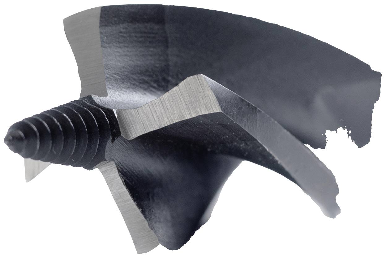 Un foret de coupe noir avec une lame tranchante, montré en gros plan, révèle les détails de la surface de coupe et de la fixation.