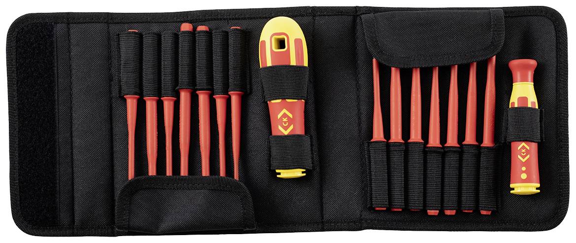 Un ensemble d'outils comprenant plusieurs tournevis isolés dans un étui noir, conçu pour les électriciens afin de travailler en toute sécurité sur des appareils électriques.