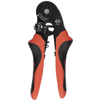 Un coupe-câble rouge et noir avec une échelle de mesure de 0,08–6 mm² et 10–16 mm² sur la surface métallique noire.