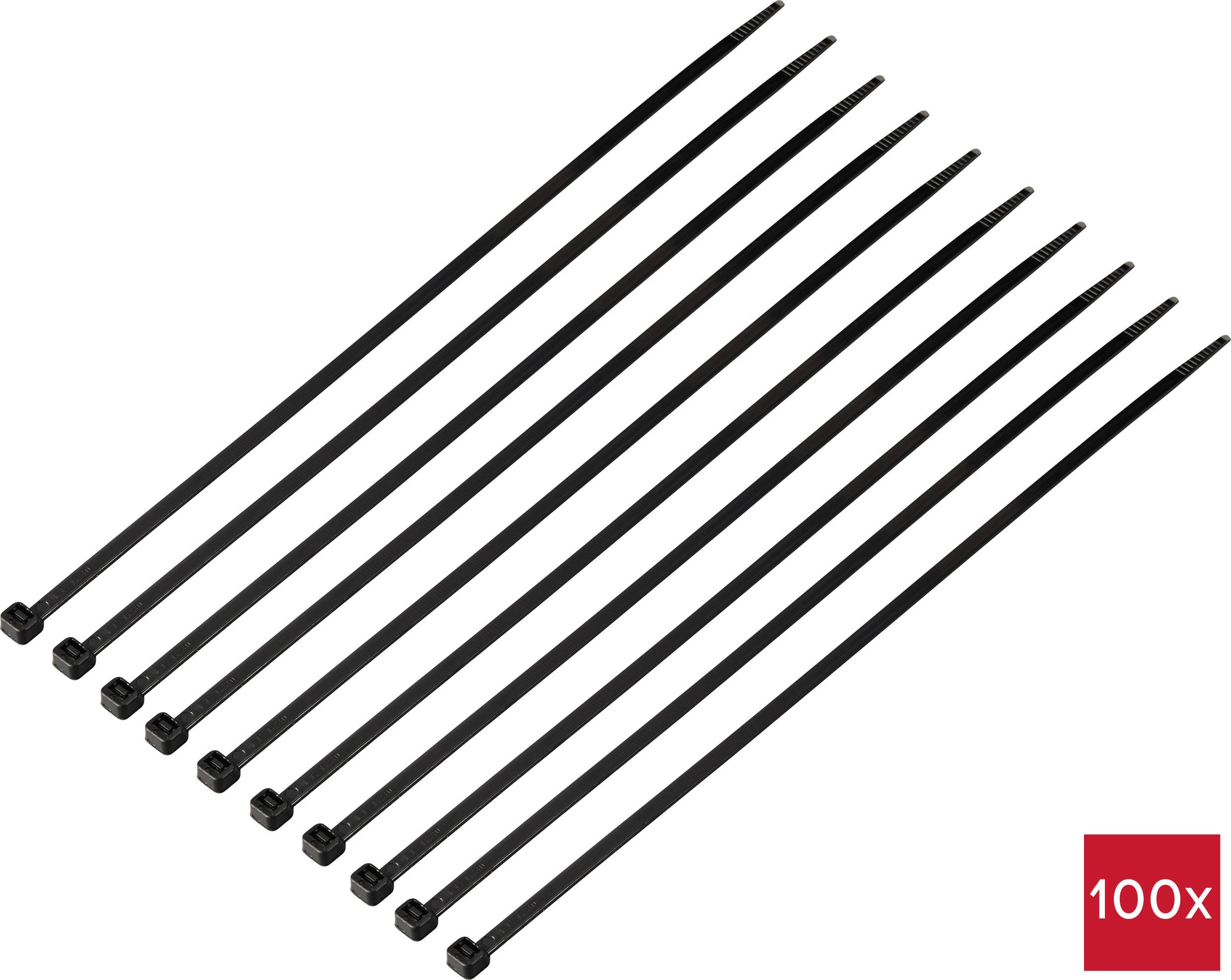 Des colliers de câbles noirs alignés en rangée, au total 100 pièces.