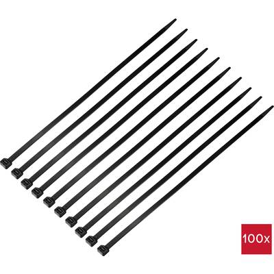 Dix attaches de câble noires disposées côte à côte. En bas à droite, '100x' est inscrit dans un carré rouge, indiquant la quantité.