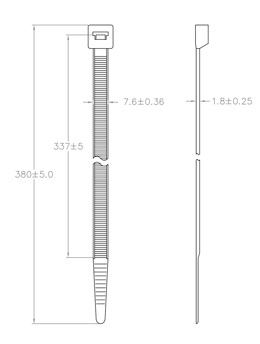 Dessin technique d'un collier de serrage avec dimensions : longueur 380 mm, largeur 7,6 mm, épaisseur 1,8 mm. Vue latérale montrant le profil.