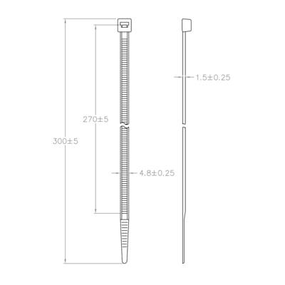 Diagramme d'un collier de serrage avec dimensions : longueur 300 mm, mécanisme de verrouillage mis en évidence. Vue latérale montrant une épaisseur de 1,5 mm.