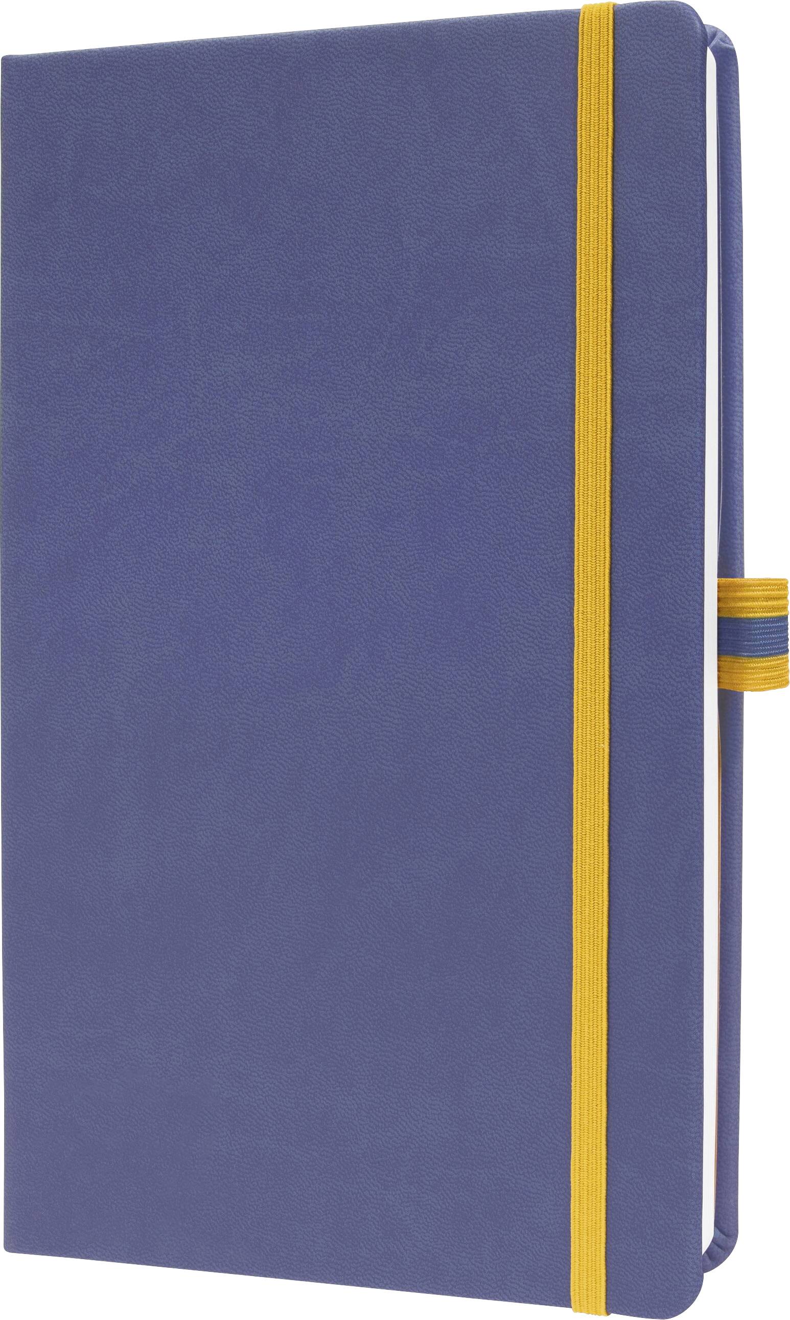 Cahier relié en toile bleue avec fermeture à bande élastique jaune et signet en ruban