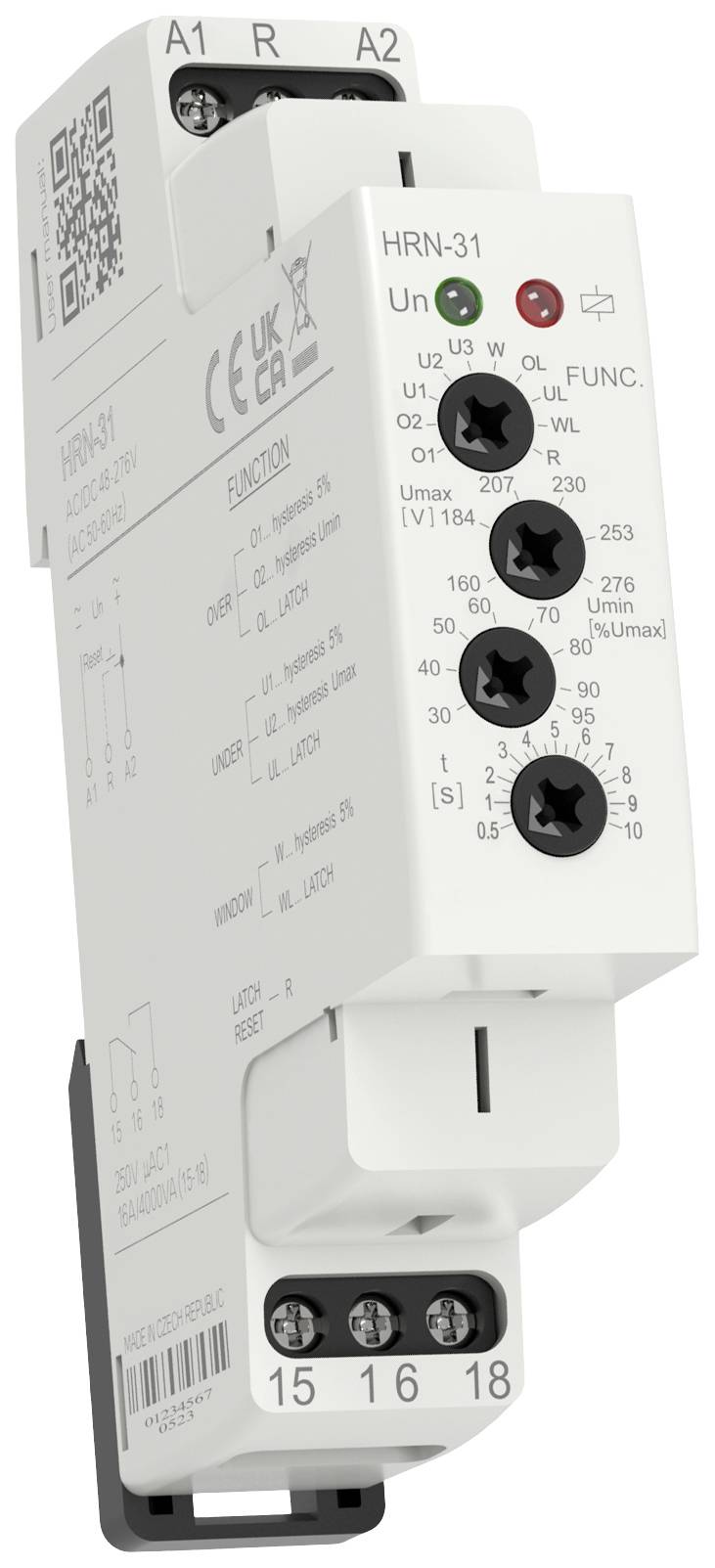Un dispositif électronique blanc pour surveiller la tension. Il dispose de connexions d'entrée et de sortie et de divers éléments de commande.