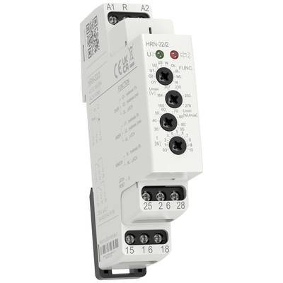 Un relais de surveillance électrique avec plusieurs options de réglage et bornes de connexion, destiné au contrôle de tension et de fréquence.