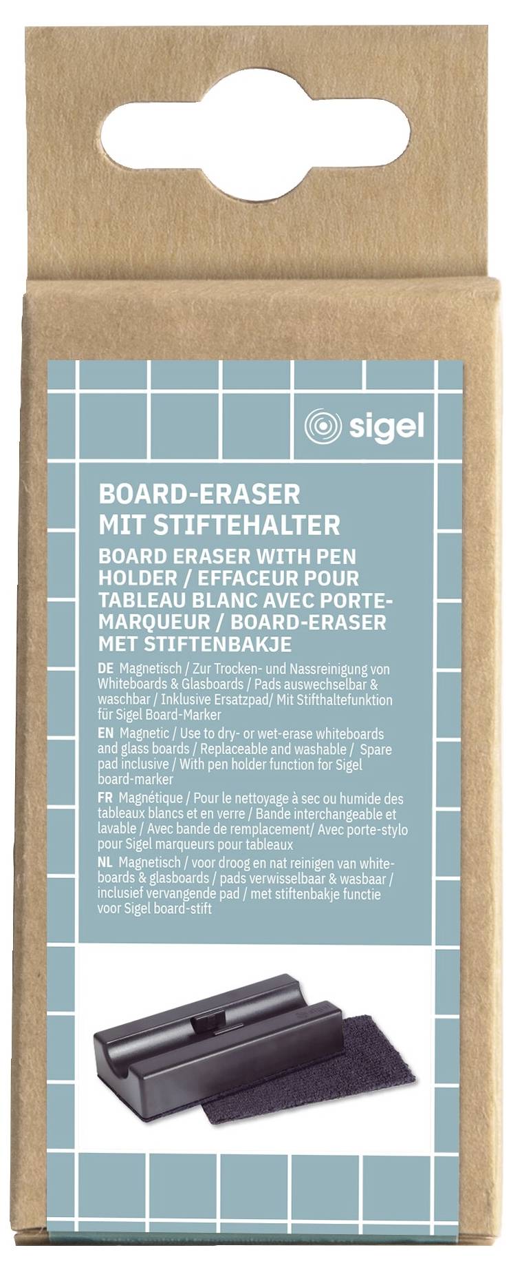 Emballage pour un effaceur de tableau Sigel avec support, présenté sur une boîte en carton avec image de produit et texte multilingue.