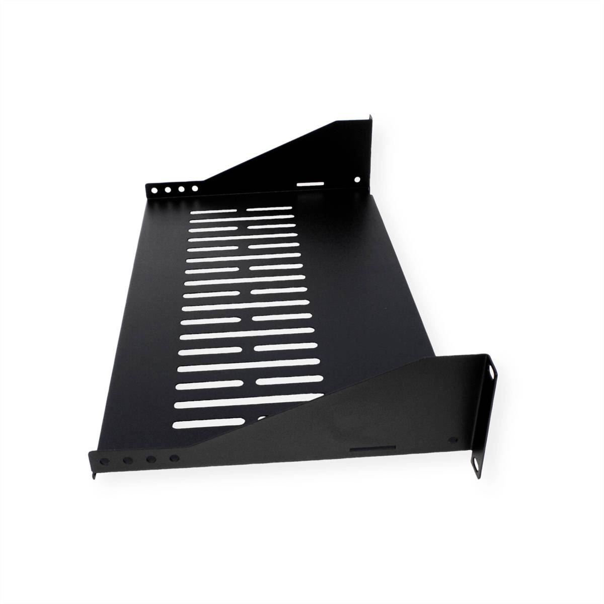 Étagère en métal noir avec fentes de ventilation et supports, adaptée aux racks serveurs ou à l'équipement technique.