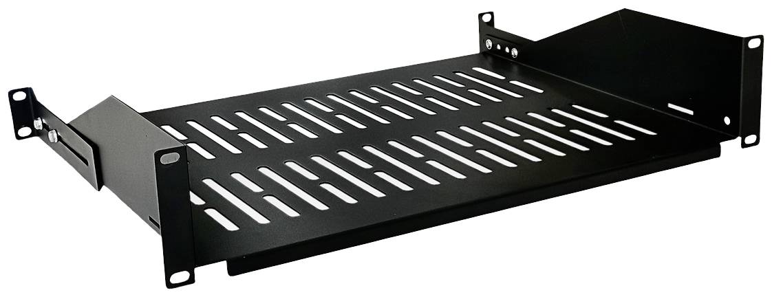 Un rack de serveur noir, ventilé, avec des pattes de fixation latérales.