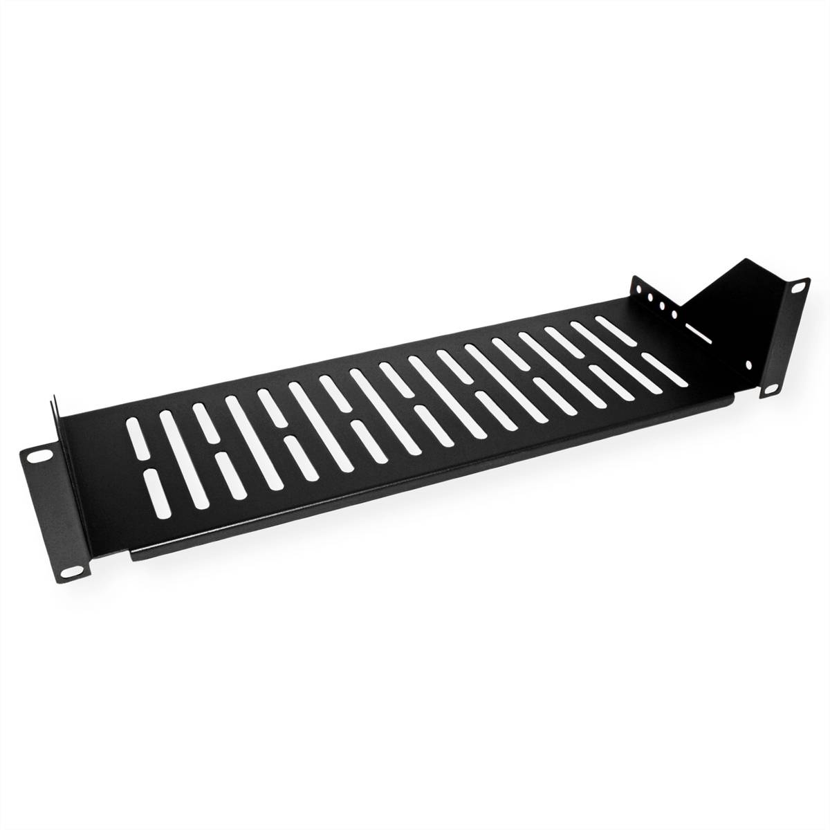 Un étagère en métal noir perforé, conçue pour être montée dans un rack. Elle sert à installer des appareils électroniques ou des accessoires.