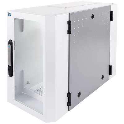 Armoire serveur murale avec porte en verre, coloris gris et blanc, ventilation latérale. Conçue pour le rangement des équipements réseau.
