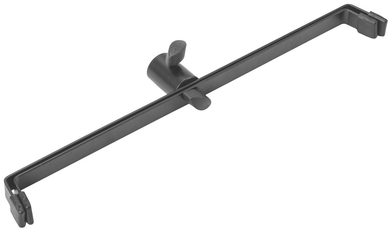 Un collier de serrage noir avec un verrou rotatif au centre. Utilisé pour fixer des objets sur des tiges ou des supports.