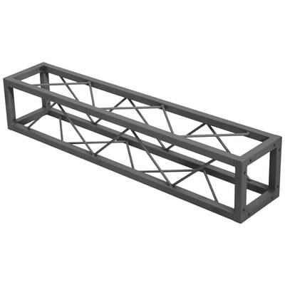 Une poutre rectangulaire en métal avec des renforts au centre. Elle sert de support ou de fixation dans les constructions.