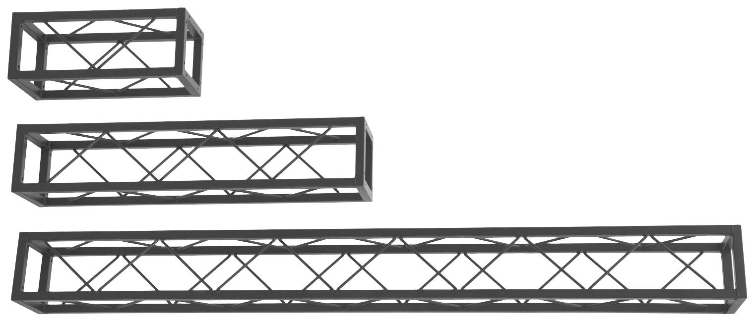 Trois poutres rectangulaires en métal de différentes tailles sont disposées côte à côte sur un fond blanc. Elles présentent un motif de grille.