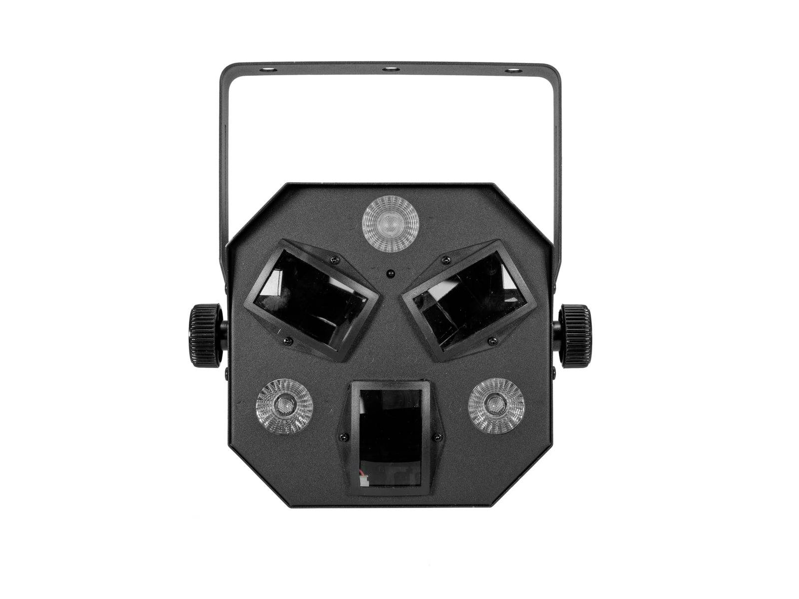 Un projecteur de fête LED noir hexagonal avec trois lentilles rotatives et quatre lumières LED pour des effets lumineux colorés.
