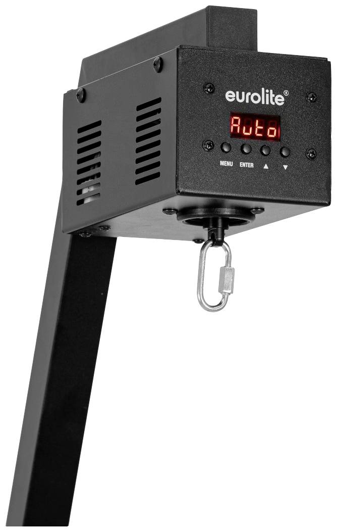 Un moteur électronique noir et rectangulaire à chaîne avec affichage indiquant 'Auto', utilisé pour la fixation et le déplacement de systèmes lumineux ou sonores.