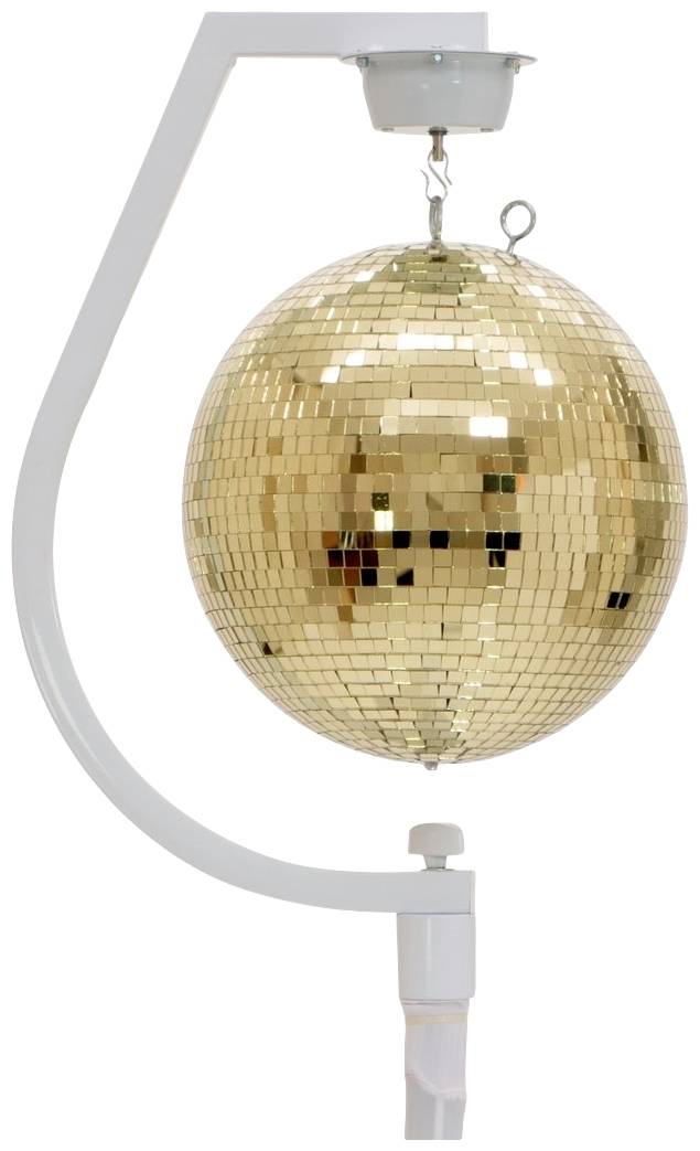 'Boule disco dorée sur un support blanc, vue de côté. Elle reflète la lumière et crée un motif scintillant.'