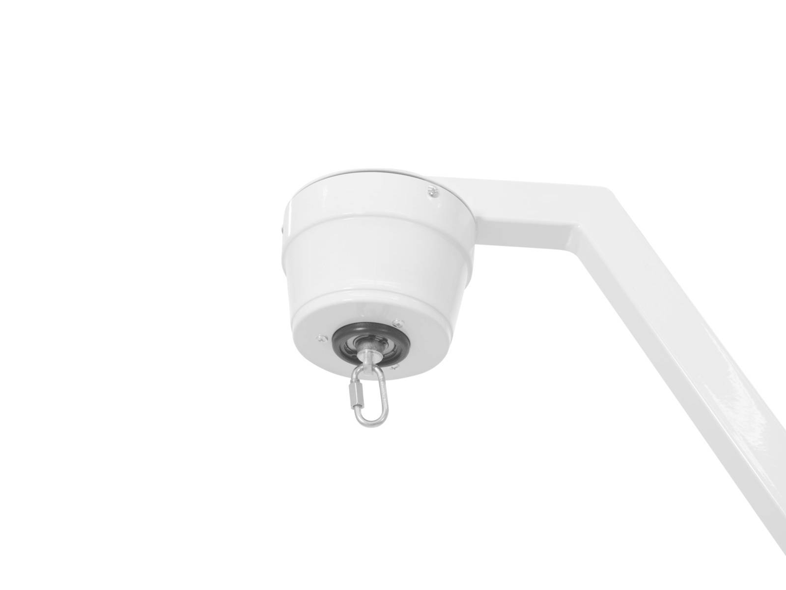 Une lampe suspendue blanche avec un crochet de fixation au plafond, photographiée sur un fond blanc.