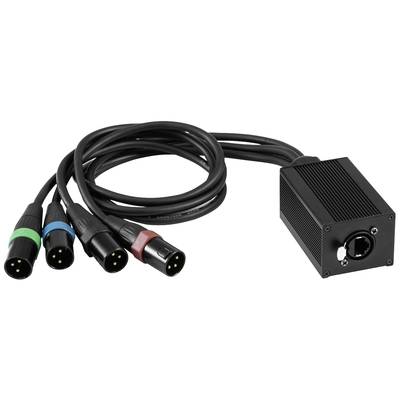 Fouet de câble avec quatre connecteurs XLR de différentes couleurs connecté à un adaptateur noir avec interface réseau.