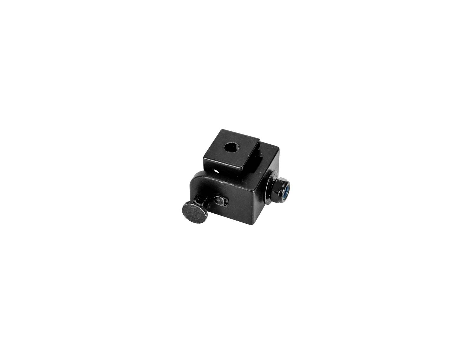 Adaptateur de flash noir en métal avec vis et connexion carrée à vis pour fixation sur un trépied ou un accessoire.