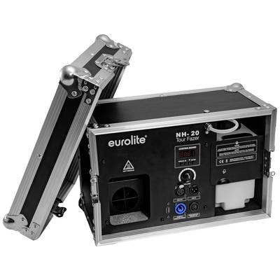 Une valise noire et ouverte pour machine à brouillard, portant l'inscription 'eurolite NH-20 Tour Fazer'. Affichage numérique et connexions visibles.