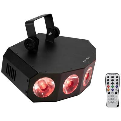 Appareil d'éclairage avec trois projecteurs rouges. À droite se trouve une télécommande avec différentes touches.