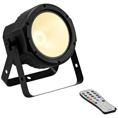 Projecteur LED noir sur support, diffusant une lumière blanche chaude. À côté se trouve une télécommande permettant de contrôler la couleur et l'intensité de la lumière.