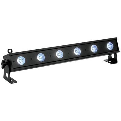 Longue lampe LED noire avec six ampoules rondes bleues et des supports réglables aux extrémités.