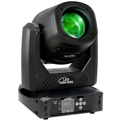 Projecteur à lumière LED verte de la marque 'eurolite', modèle 'LED TMH-B90'. L'appareil affiche un indicateur de fonctionnement sur l'écran numérique à la base.