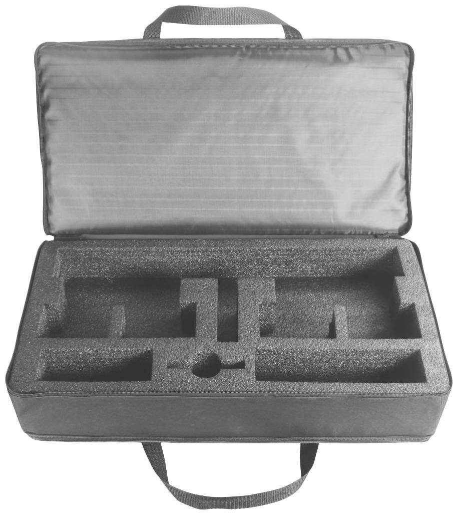Pochette de protection ouverte avec compartiments en mousse pour le rangement et le transport d'appareils sensibles ou d'accessoires.