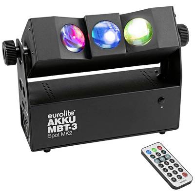 Projecteur LED 'Eurolite Akku MBT-3 Spot MK2' avec trois lumières colorées et télécommande pour le contrôle des effets lumineux.