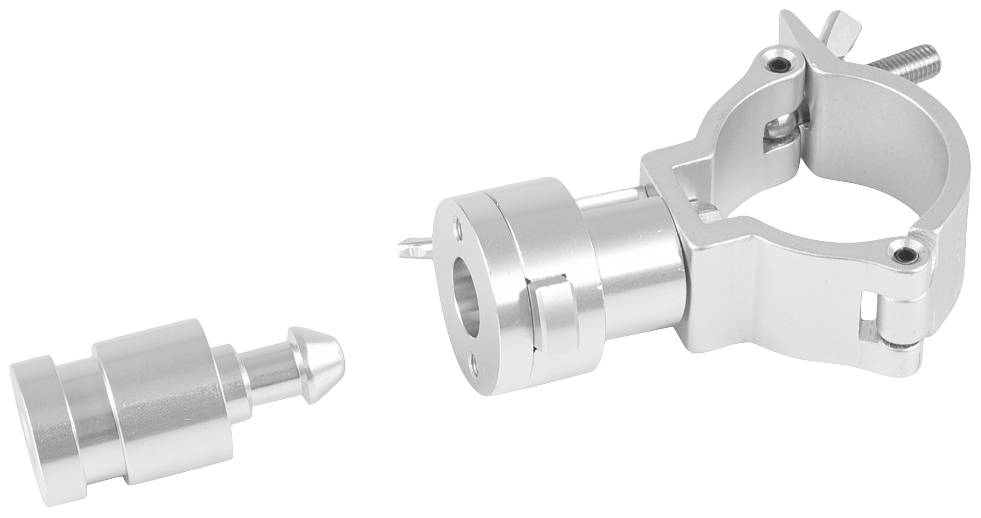 Deux pièces métalliques argentées. À gauche, une pièce cylindrique à extrémité conique, à droite, un collier de serrage tubulaire avec un mécanisme de verrouillage à vis.