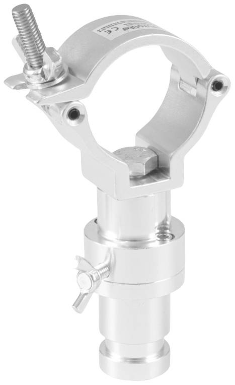 Un support de collier de serrage en argent avec un mécanisme de verrouillage à vis, utilisé pour fixer des composants sur des tubes.