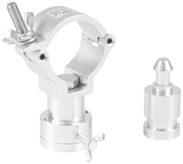 'Support de montage et adaptateur en aluminium, argenté, avec vis et écrou à ailettes pour fixation solide, sur fond blanc.'