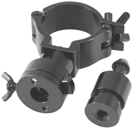 Un support noir avec une partie cylindrique séparée. Utilisé pour la fixation ou la connexion de pièces dans un contexte technique.