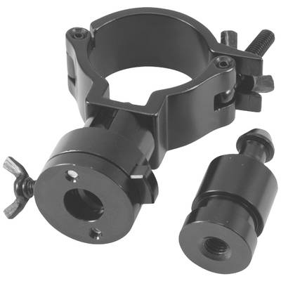 Un support noir avec une partie cylindrique séparée. Utilisé pour la fixation ou la connexion de pièces dans un contexte technique.